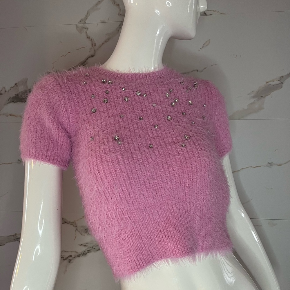✨ 3/$30 NWT Zara Pink Fuzzy Jewels Ribbed Short Sleeve Cropped Sweater Size S